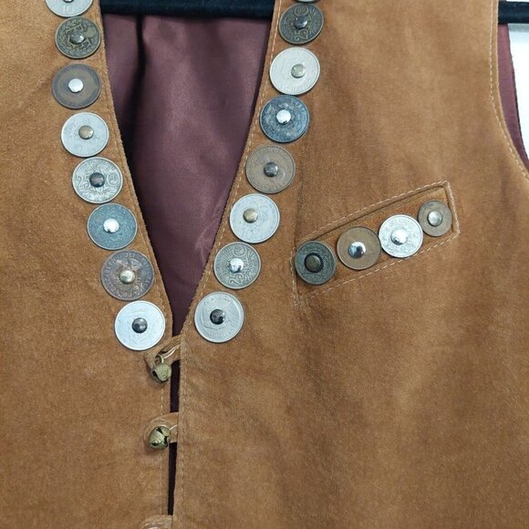 Et Vous Vintage Western Vest Brown Suede Real Coin Adorned Size S Pockets Unique - Picture 6 of 9